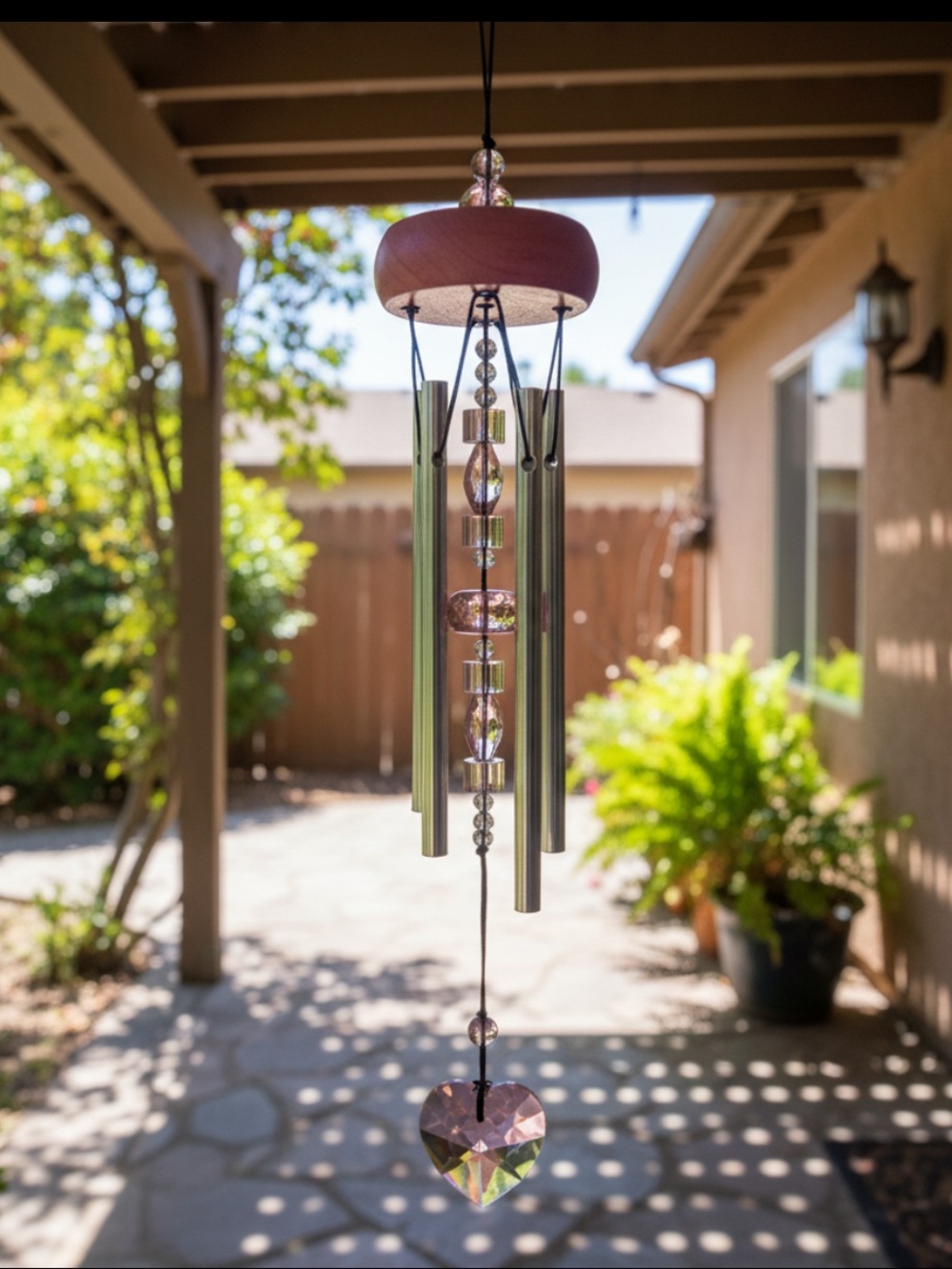 Woodstock Chimes Pink and Silver Wind Chime with Heart Detail